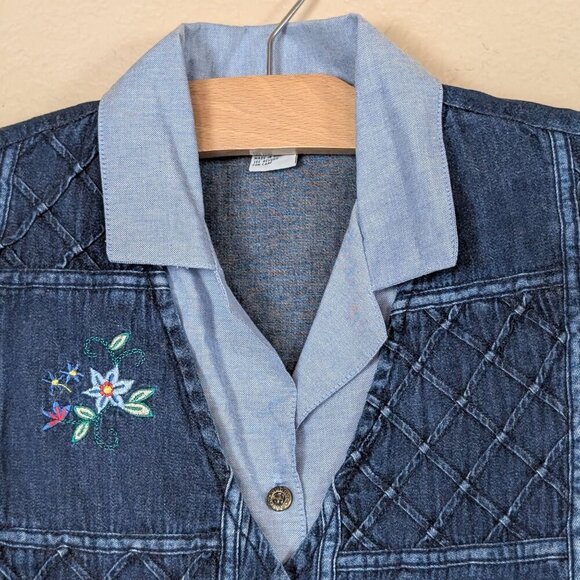 VTG Alfred Dunner Layer Denim Vest/Shirt Button Down sz PM Floral Embroidery - Picture 2 of 8